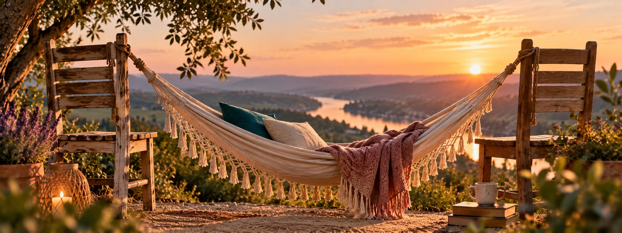 Hängematte zwischen zwei Stühlen, Blick über Hügel bei Sonnenuntergang